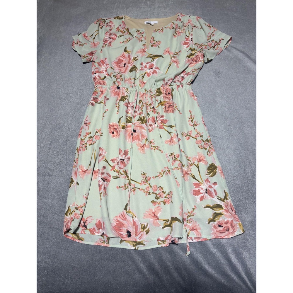 DR2 Dress Womens Medium Green Floral Short Sleeve Fit Flare Knee Length